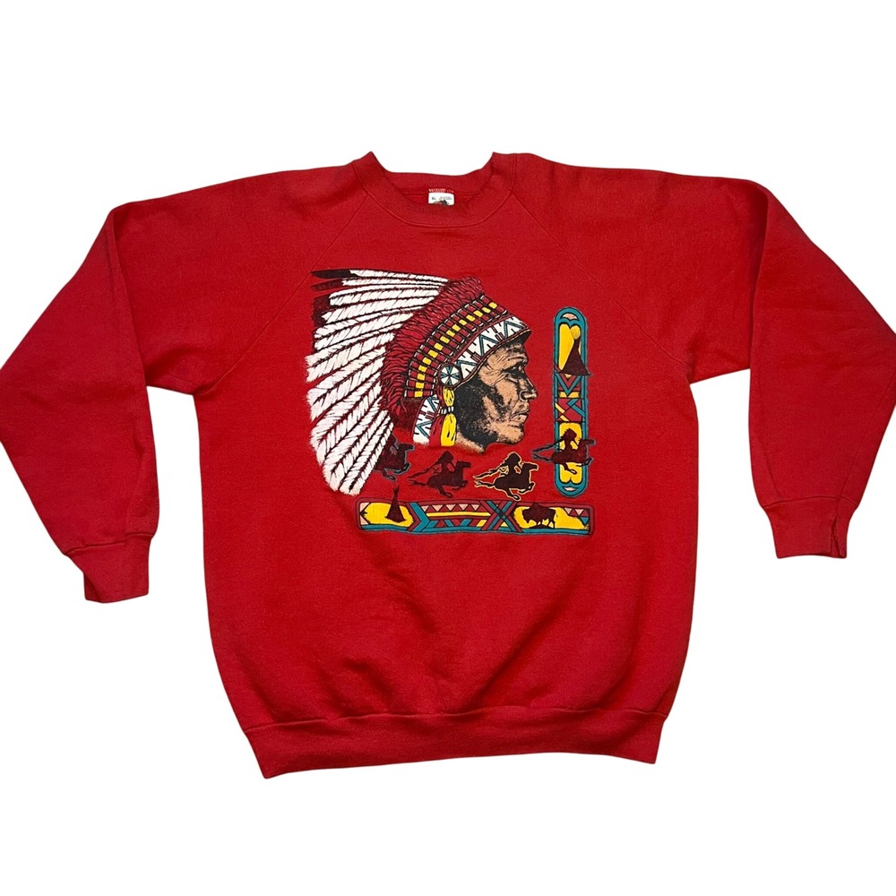 VTG 90s Red Native American Chief Graphic Sweatshirt Mens XL Fruit of the Loom‎